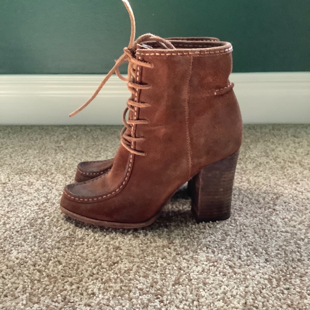 FRYE Heeled Ankle Boots, Size 7.5, Brown Leather